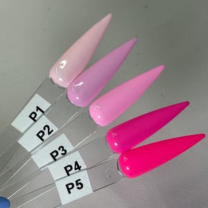May include: Five clear plastic sticks with pink nail polish samples. The samples are labeled P1, P2, P3, P4, and P5. The colors range from light pink to bright pink.