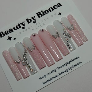 Pretty Pink Press On Nails | 3-D charm, sugar glitter and french | Luxury handmade nails