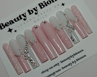 Pretty Pink Press On Nails | 3-D charm, sugar glitter and french | Luxury handmade nails