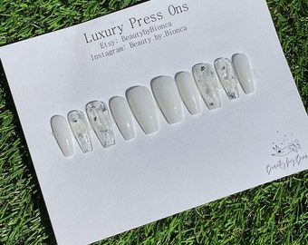 Milky White with Marble Nails | Bridal Inspired Nails | Pretty Press On Nails | quality luxury and handmade nails | gifts for her