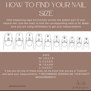 May include: A chart showing different nail sizes in millimetres. The chart shows 10 different sizes, ranging from 8 mm to 18 mm. The chart also includes a size guide for XS, S, M, and L sizes.