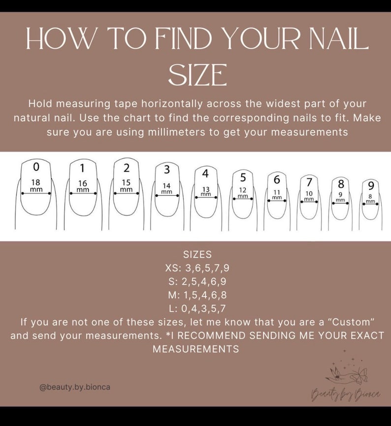 May include: A chart showing different nail sizes in millimetres. The chart shows 10 different sizes, ranging from 8 mm to 18 mm. The chart also includes a size guide for XS, S, M, and L sizes.