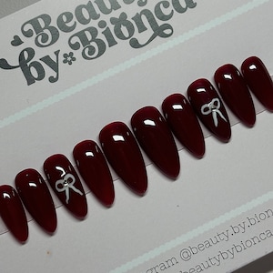 Burgundy Coquette Bow Press Ons | Valentines Day Nails 2024 | Handmade Fake Nails bild 1