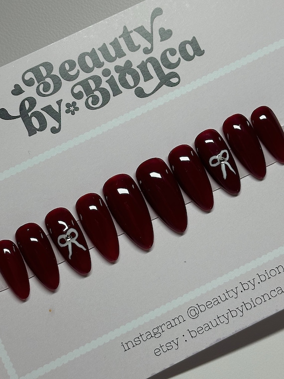 Burgundy Coquette Bow Press Ons | Valentines Day Nails 2024 | Handmade