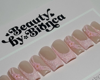 Pink Sugar Glitter Press On Nails: 3D Flower, Handmade