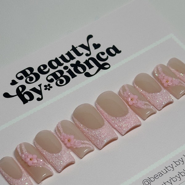 Pink Sugar Glitter Press Ons | 3D flower | Prom Nails | Trendy Spring Nails | Luxury Handmade | Gifts for her