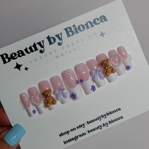 Dainty Soft Girl Aesthetic Press On Nails | Baby Shower Nails | Teddy Bear Nails | baby shower nails | gender reveal nails