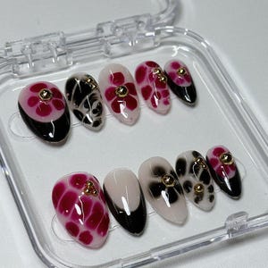 Burgundy Black & Gold Press On Nails: Luxury Handmade Nail Art