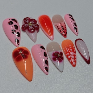 3D Floral Press On Nails: Orange, Pink, Funky Summer Nail Art