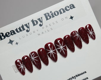 Christmas Nails | Red Sparkle and Snowflake Press On Nails | Flash Gel | Gifts for Her | Holidays 2023  Fake Nails