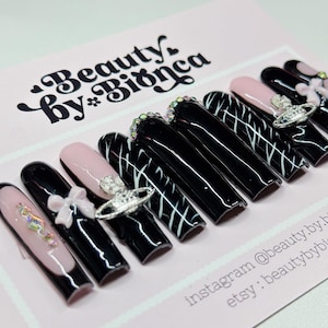 Black White and Pink Press On Nails | Zebra Y2K Style Nails | Pink Bow and Bling Trendy Nails | Valentines Day 2025 Handmade Press Ons