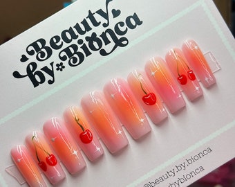 Aura Cherry Nails | Pink and Orange Trendy Press Ons | handmade luxury press on nails | gifts for her