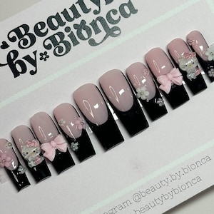Black French Tip Kitty & Bow Press On Nails | Trendy Nails | Gifts for Her | Handmade