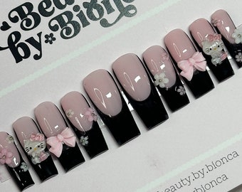 Black French Tip Kitty & Bow Press On Nails | Trendy Nails | Gifts for Her | Handmade