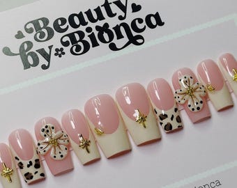 3D Flower Press On Nails: Leopard Print French Tips, Ivory & Gold Fake Nails