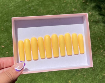 Matte Yellow Extra Long Square Press On Nails| Everyday Classic Nails | Summer Nails | quality luxury and handmade nails | gifts for her