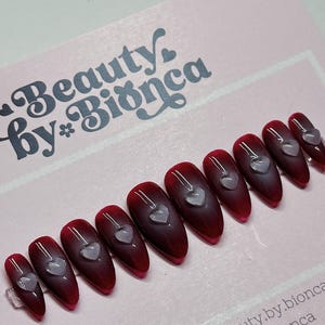 Maroon Jelly Press On Nails: 3D Hearts, Luxury Handmade