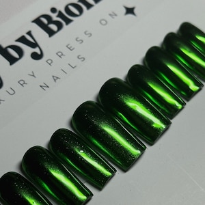 Green Chrome Press On Nails: Handmade Emerald Luxury Nails