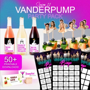 May include: A printable party pack for fans of the reality TV show Vanderpump Rules. The pack includes 50+ printable downloads, including bingo cards, drink station signs, and bottle labels. The image features a pink, white, and red background with a neon pink and blue design. The text "Vanderpump Party Pack" is in large, bold letters.