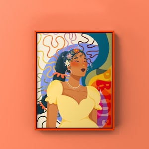 May include: A digital illustration of a woman with a flower crown and a yellow dress. The background is a colorful abstract design with the word "pride" written in a rainbow font.