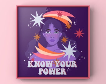 KNOW YOUR POWER Print | Feminist Art Print, Girl Power, Empowerment, Inspirational Quote, Womxn, 80s Art, Purple Wall Decor