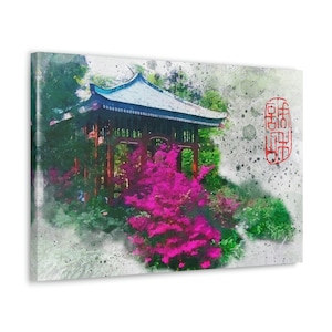 Japanese Temple Garden Watercolor Painting Canvas Print Japanese Landscape Wall art Ready to Hang