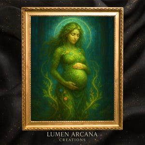 Mother Earth wall art – printable portrait of the Goddess Gaia in glowing forest, pregnant with life and divine feminine energy