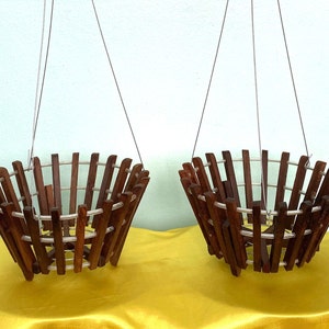 Set of 2 handmade 11-inch wooden orchid baskets with 2 wire-hangers