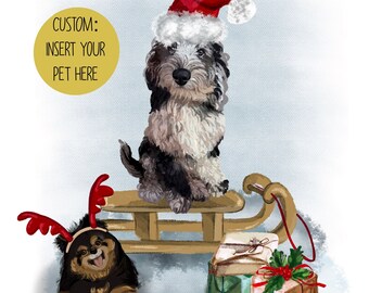 Ritratto di animali domestici su misura, decorazioni natalizie, inverno, neve, gatto, vestito, Babbo Natale, renna, mamma cane, vacanza, stampa, regalo di Natale, personalizzato