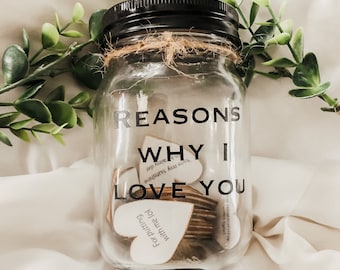 Reasons Why I Love you Personalized Jar, I Love You Because, Wooden Hearts love, Valentines day Custom Jar gift, personalized boyfriend gift