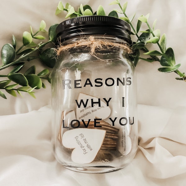 Reasons Why I Love you Personalized Jar, I Love You Because, Wooden Hearts love, Valentines day Custom Jar gift, personalized boyfriend gift