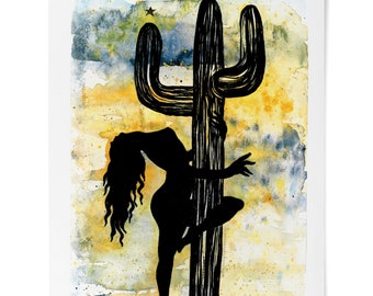 Print, Cactus, Dancer, Woman, Stripper, Saguaro, Watercolor, Desert, Fine Art Print