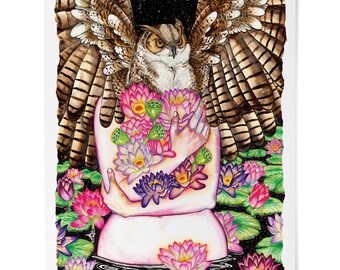 Print, Owl, Woman, Lotus, Flowers, Water Lillies, Great Horned Owl, Space, Water, Girl, Pretty, Surreal, Fine Art Print