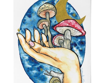 Print, Mushroom, Moon, Snail, Hand, Manifestation, Unique, Surreal, Fine Art Print