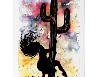 Print, Cactus, Dancer, Woman, Stripper, Saguaro, Watercolor, Desert, Fine Art Print