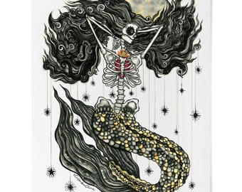 Print, Mermaid, Dead Mermaid, Skeleton Mermaid, Sirena de Las Estrellas, skeleton, skull, Pretty, Surreal, Fine Art Print