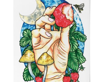 Print, Mushroom, Strawberries, Bees, Moon, Watercolor, Unique, Surreal, Hands, Fine Art Print