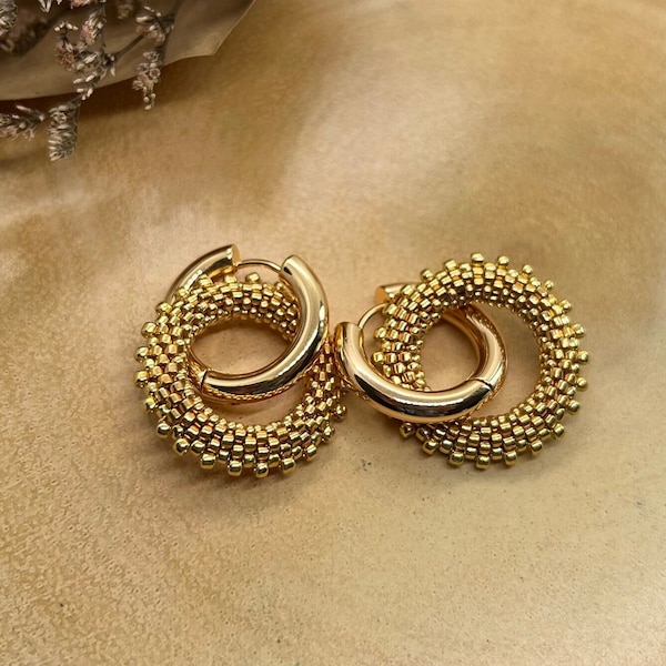 Gold huggie earrings, minimalist beaded earrings, seed bead dangle jewelry