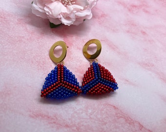 Blue beaded triangle earrings stud earrings red jewelry beaded earrings handwoven jewellery peyote stitch earrings seed bead earrings gold