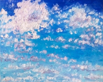 Clouds Painting Blue Sky Art Pink Clouds Painting Bedroom Wall Art Housewarming Gift Sky Painting