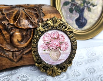 Miniature Peony Oil Painting Vintage Style Floral Art in Golden Frame