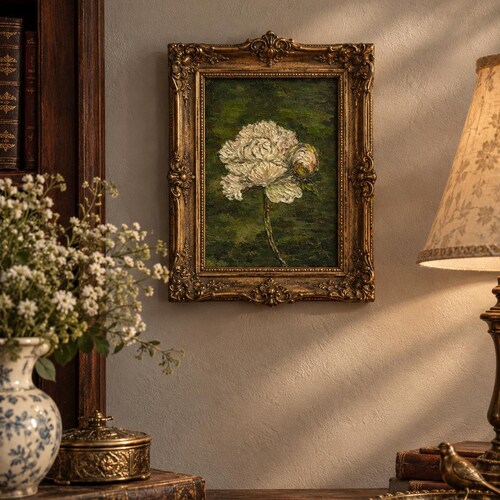 Peony Oil Painting, Vintage Style Art, White Peony, French Decor Bedroom