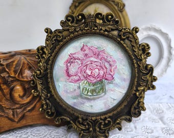 Pink Peonies Oil Painting,Framed Original Art,Vintage Style,Wall Decor,