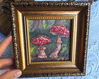 Fly Agaric Oil Painting,Framed Art,Mushroom Wall Decor,Gift For Kitchen Art