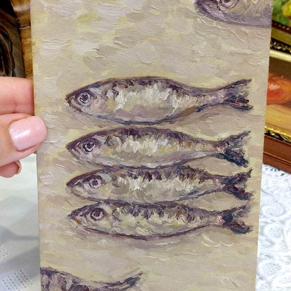 Sardines Painting,Small Artwork,Kitchen Painting,Housewarming Gift,Handpainted Artwork,Oil Painting Original