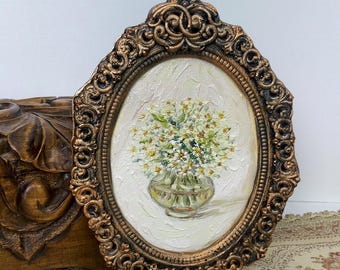 Daisy Oil Painting: Framed Floral Still Life, Vintage Style Art, Gift for Home
