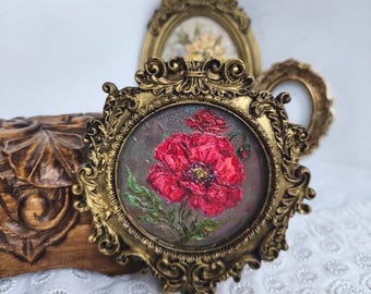 Poppy Oil Painting, Moody Wall Art, Vintage Style, Framed Artwork, Hand Painted Gift