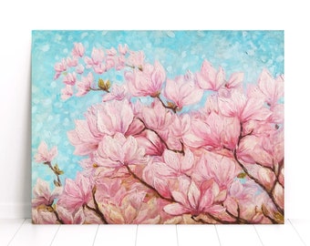 Magnolie Malerei Leinwand Wandkunst Magnolie Wohnkultur Rosa Blumenmalerei Schlafzimmer Wandkunst Blumenölgemälde handgemachtes Geschenk