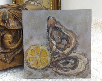 Oyster Oil Painting,Still Life Kitchen Art,Small Painting,New Kitchen Gift,Handpainted Art,Food Painting