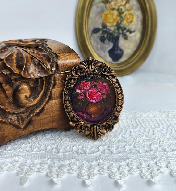 Floral Oil Painting,Red Peony,Miniature Art,Framed Wall Decor,Gift for Birthday,Vintage Style Art